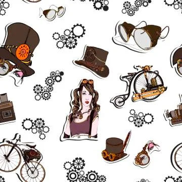 Seamless pattern steampunk with old bicycle, steampunk girl, cylinder, gogla Stock Illustration