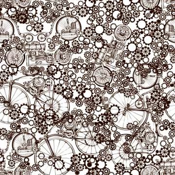 Seamless pattern Steampunk with old bikes and gears. Template steampunk design Stock Illustration