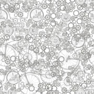 Seamless pattern Steampunk with old bikes and gears. Template steampunk design Stock Illustration