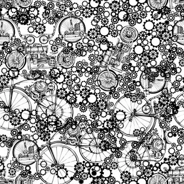 Seamless pattern Steampunk with old bikes and gears. Template steampunk design Illustrazione stock