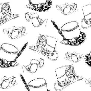 Seamless pattern Steampunk with steampunk top hat cylinder and brass goggles Stock Illustration