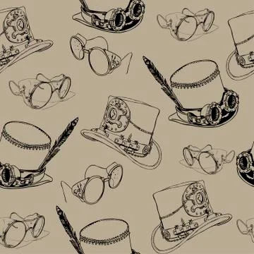 Seamless pattern Steampunk with steampunk top hat cylinder and brass goggles Stock Illustration