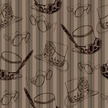 Seamless pattern Steampunk with steampunk top hat cylinder and brass goggles Stock Illustration