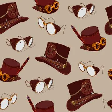 Seamless pattern Steampunk with steampunk top hat cylinder and brass goggles Stock Illustration