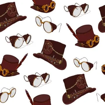 Seamless pattern Steampunk with steampunk top hat cylinder and brass goggles Stock Illustration