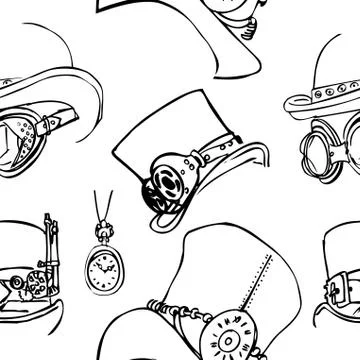 Seamless pattern Steampunk with steampunk top hat and brass goggles. Black and Stock Illustration