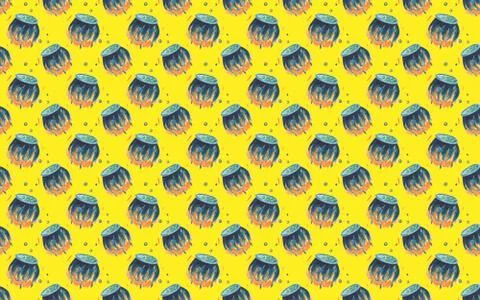 Seamless pattern with Steel cauldron with boiling green magic potion Stock Illustration