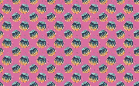 Seamless pattern with Steel cauldron with boiling green magic potion Stock Illustration