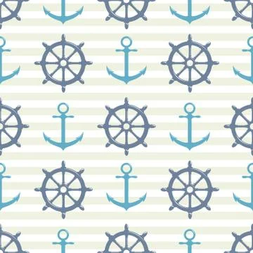 Seamless pattern with steering wheel and anchor on striped background Illustrazione stock