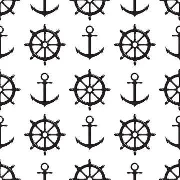 Seamless pattern with steering wheel and anchor on white background Stock Illustration