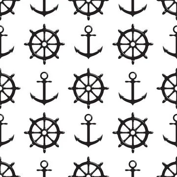 Seamless pattern with steering wheel and anchor on white background. Seaml... Stock Photos