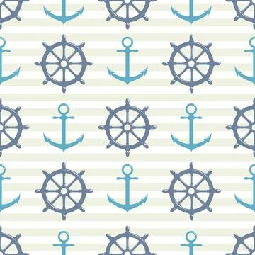 Seamless pattern with steering wheel and anchor on striped background Vint... Stock Photos