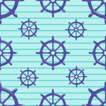 Seamless pattern with steering wheel on striped blue background Stock Illustration