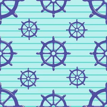 Seamless pattern with steering wheel on striped blue background. Seamless ... Foto stock
