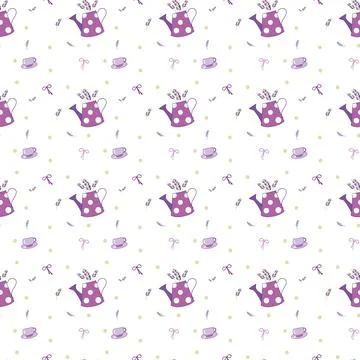 Seamless pattern, stems and leaves of lavender, retro purple watering can, mug Stock Illustration