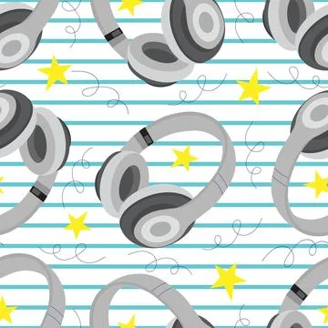 Seamless pattern with stereo headphones and stars. Musical background with .. Stock Illustration