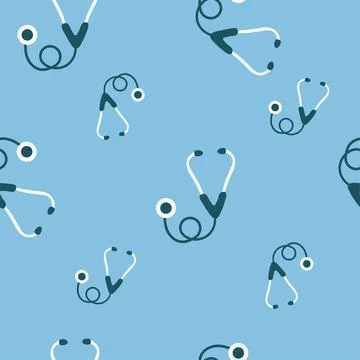 Seamless pattern with a stethoscope on a blue background. flat vector Stock Illustration