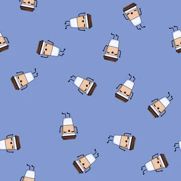 Seamless pattern sticker coffee cup character cartoon vector Stock Illustration