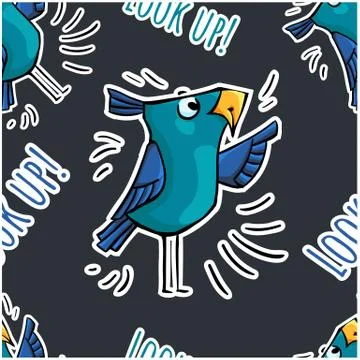 Seamless pattern sticker doodle blue bird with text Look up Stock Illustration