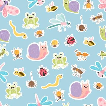 Seamless pattern with sticker insects. Cute snail and bee, lucky frog dragonf Stock Illustration