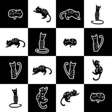 Seamless pattern of stickers of black and white cats on a chess board. Vector Stock Illustration