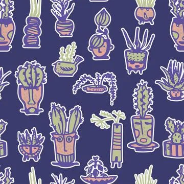 Seamless pattern. Stickers Ceramic pots with cactus comic 스톡 일러스트