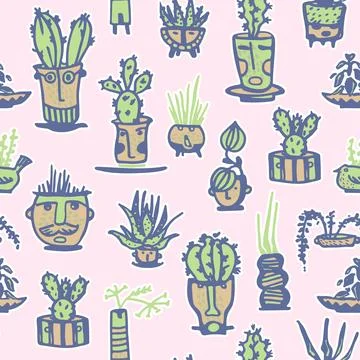 Seamless pattern. Stickers Ceramic pots with cactus comic Stock Illustration