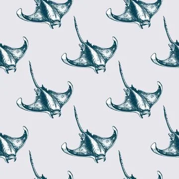 Seamless pattern Stingray Hand-drawn realistic. Oceans nature in vintage styl Stock Illustration