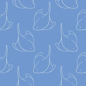 Seamless pattern with stingray in line art style. Wallpaper for summer design on Illustrazione stock