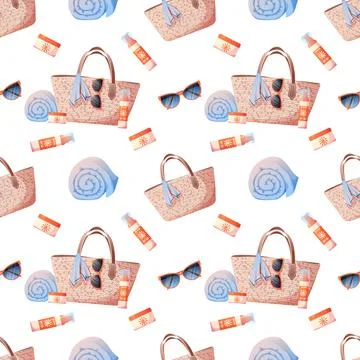 Seamless pattern with straw bag, glasses, towel, sunscreen. Seamless texture, Stock-Illustration
