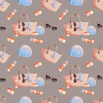 Seamless pattern with straw bag, glasses, towel, sunscreen. Seamless texture, Stock Illustration