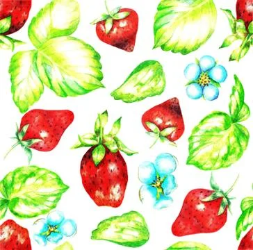 Seamless pattern of strawberries and leaves, watercolor Stock Illustration
