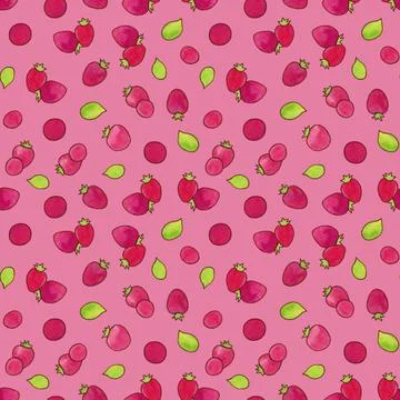 Seamless pattern with strawberries and leaves on a pink background. Stock Illustration