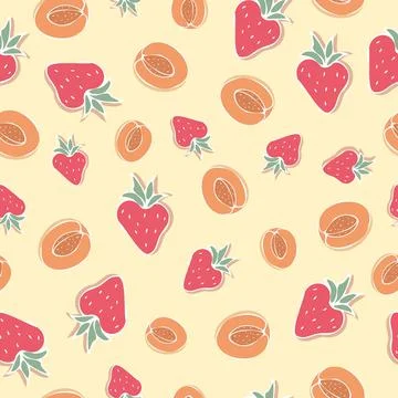 Seamless pattern with strawberries and peach on a yellow background Vector Stock Illustration