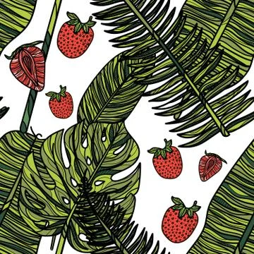 Seamless pattern with strawberries and tropical leaves. Stock Illustration