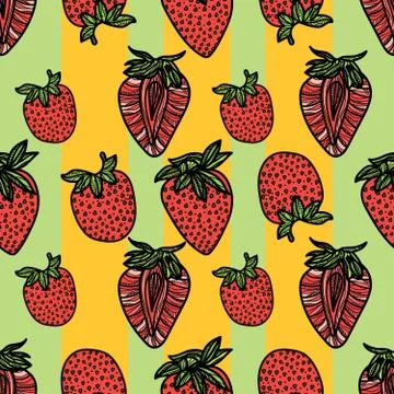 Seamless pattern with strawberries and yellow stripes. Stock Illustration