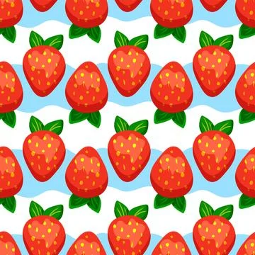 Seamless pattern with strawberries on a background of blue stripes. Pattern for Stock Illustration