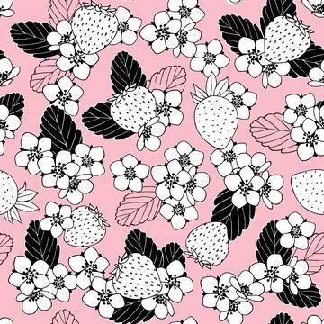 Seamless pattern with strawberries, flowers and leaves Stock Illustration