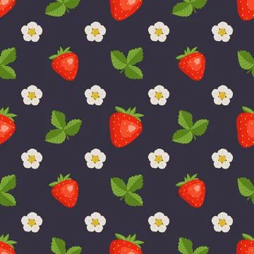 Seamless pattern with strawberries, flowers and leaves Stock Illustration