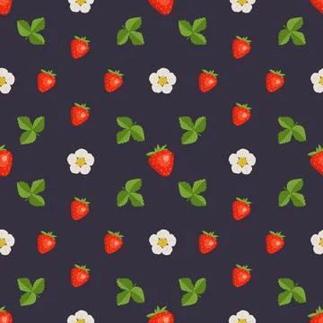 Seamless pattern with strawberries, flowers and leaves Stock Illustration