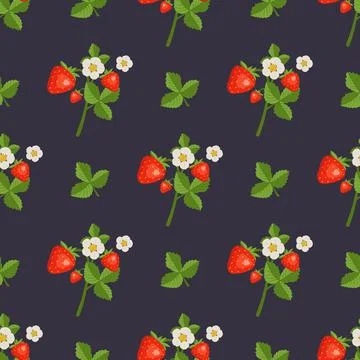 Seamless pattern with strawberries, flowers and leaves Stock Illustration