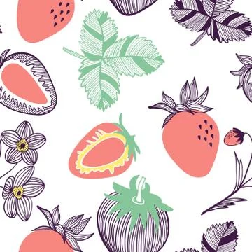 Seamless pattern of strawberries. Fruit, leaf, slice, flower of strawberry. V Stock Illustration
