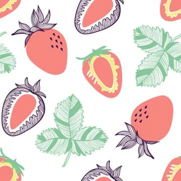 Seamless pattern of strawberries. Fruit, leaf, slice of strawberry. Vector ha Stock Illustration