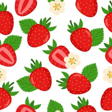 Seamless pattern with strawberries, green leaves and flowers Stock Illustration