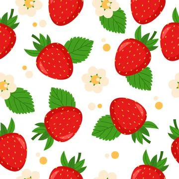 Seamless pattern with strawberries, green leaves and flowers Stock Illustration