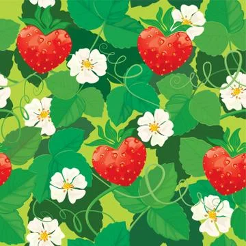 Seamless pattern. strawberries in heart shapes with flowers and leaves. Stock Illustration