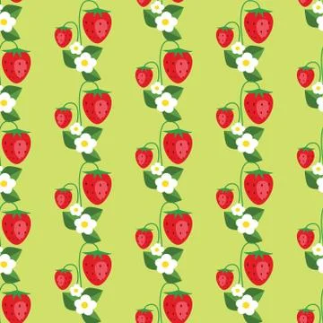 Seamless pattern with strawberries, leafs and flowers. Vector background Stock Illustration