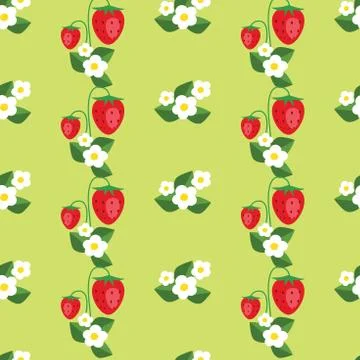Seamless pattern with strawberries, leafs and flowers. Vector background Stock Illustration