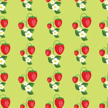 Seamless pattern with strawberries, leafs and flowers. Vector background Stock Illustration