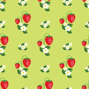 Seamless pattern with strawberries, leafs and flowers. Vector background Stock Illustration